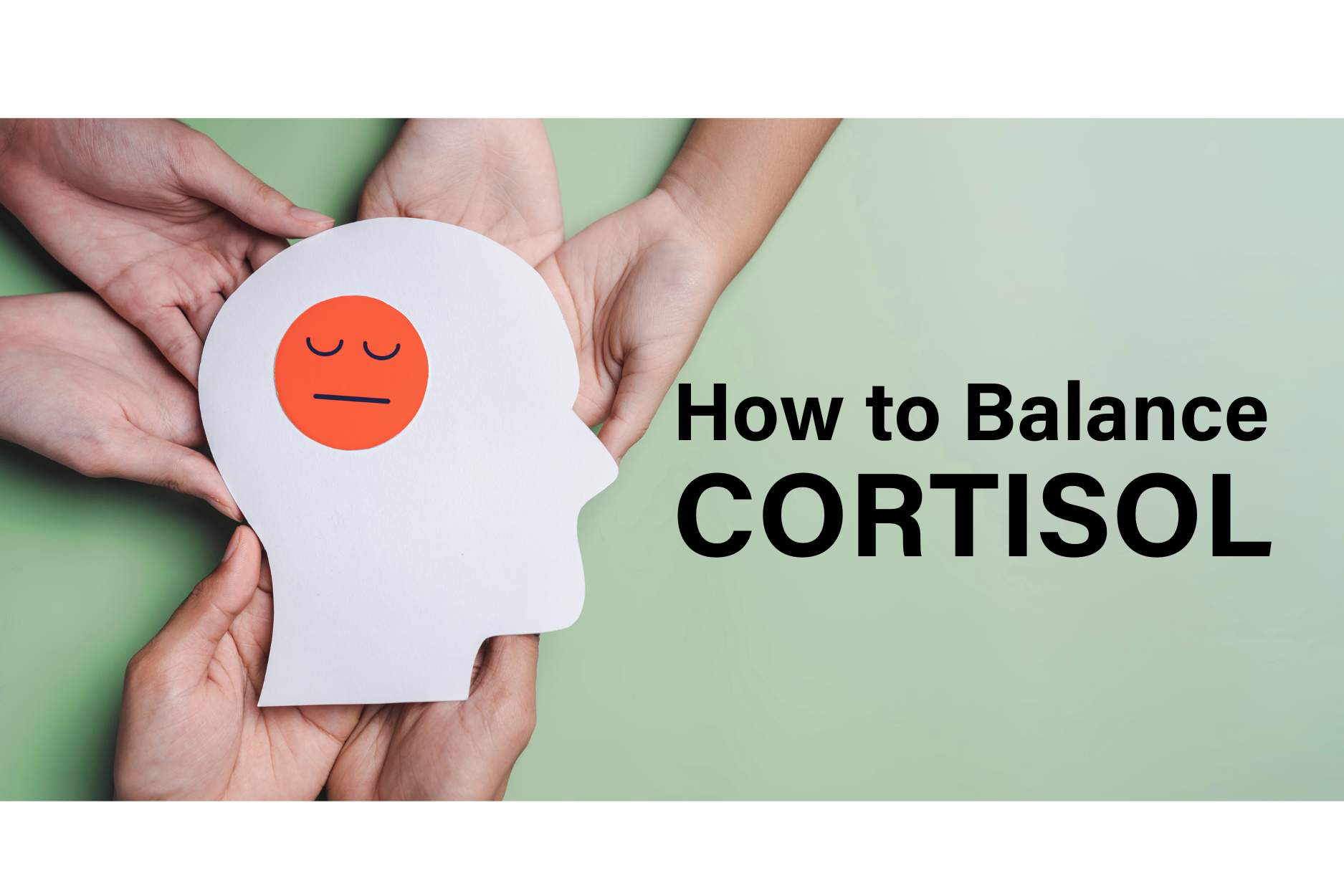 Hands holding paper head with sad face icon and text "How to Balance Cortisol"