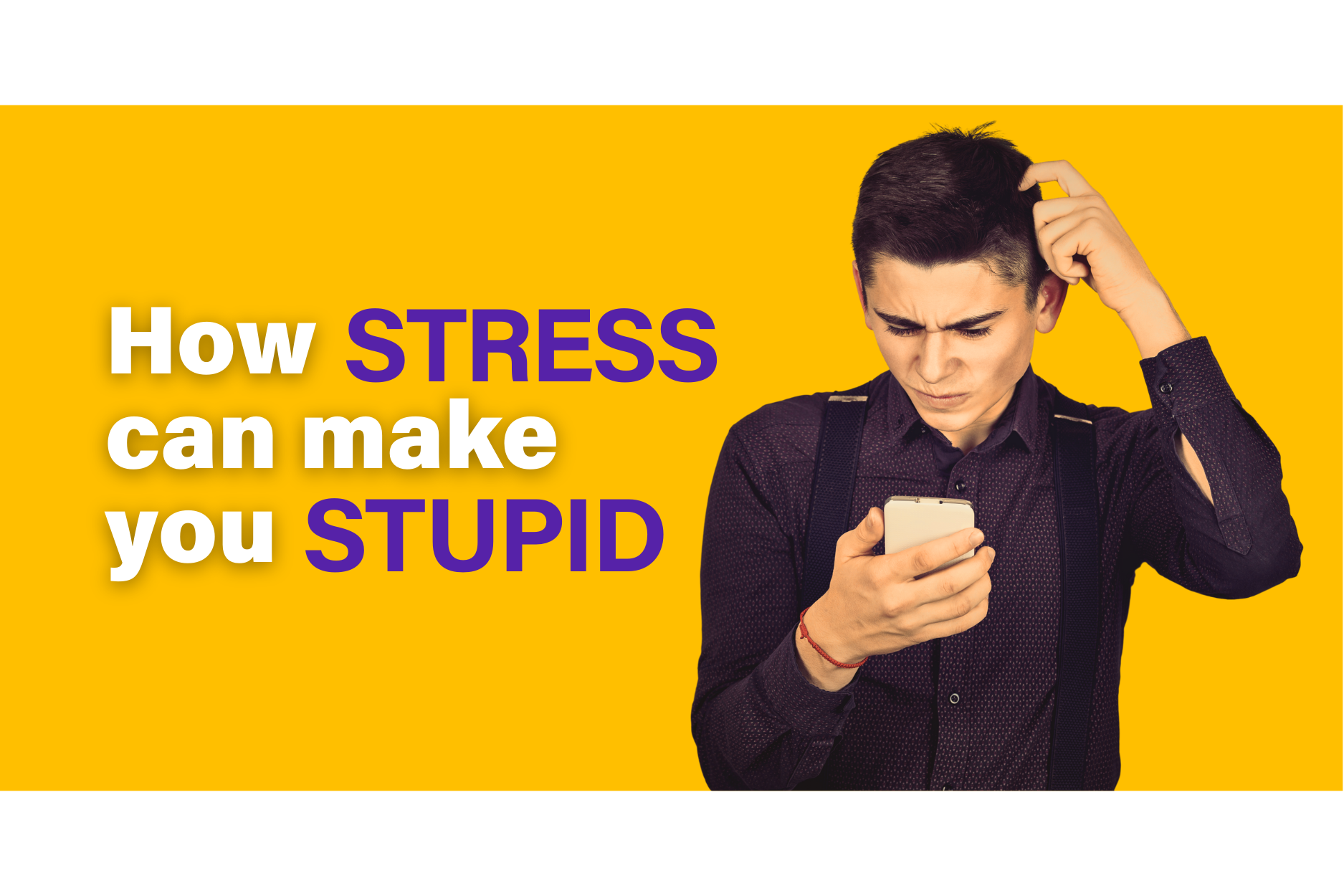 Man stressed while looking at phone with bold stress message