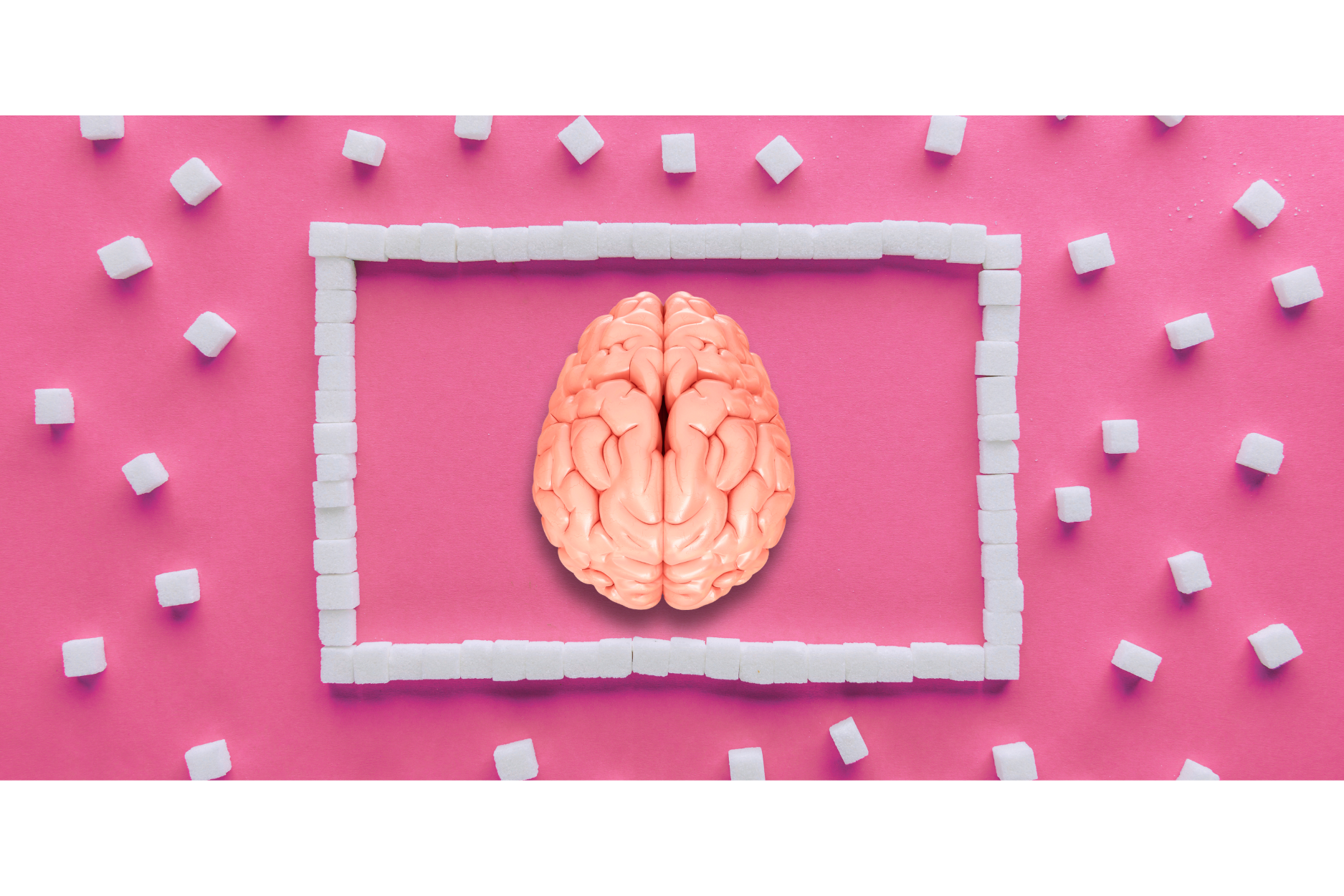 Brain surrounded by sugar cubes symbolizing sugar's effect on the brain