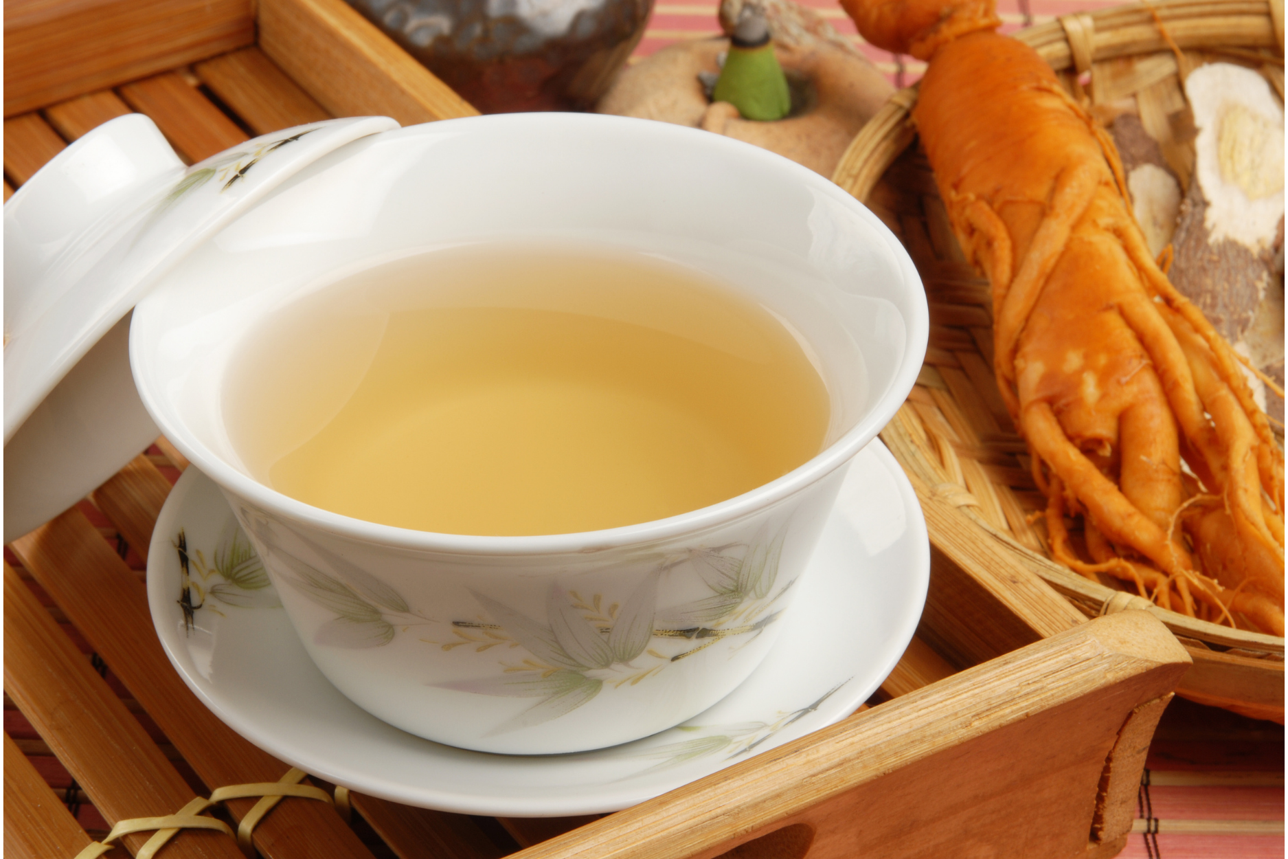 Panax ginseng tea with fresh ginseng root for natural energy and stress support