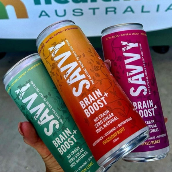 Three cans of Savvy Brain Boost